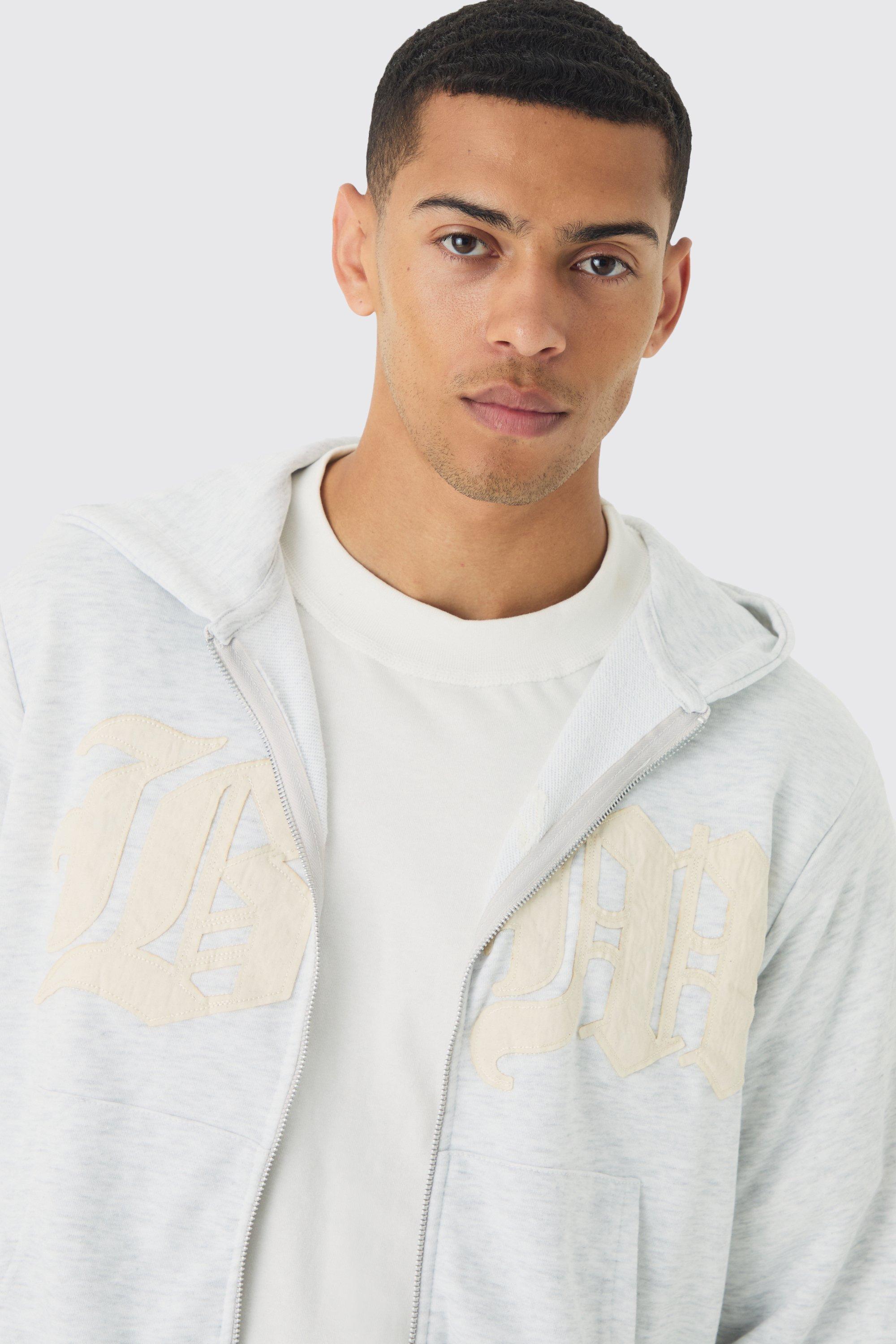 Boxy Zip Through Distressed Applique Hoodie | boohoo